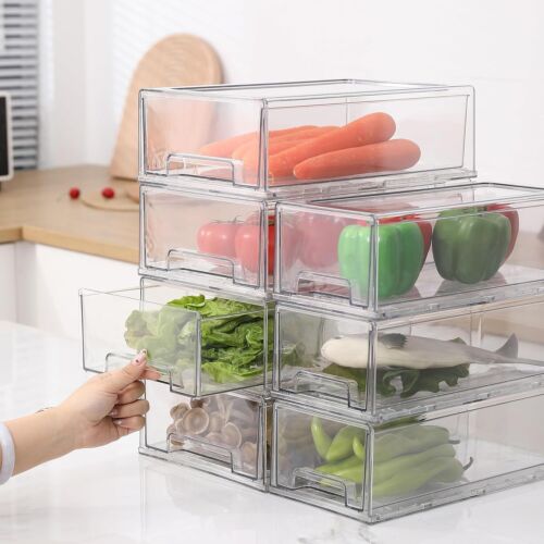 Stackable Storage Drawer Pull Out Plastic Food Fridge Organizer Bins Clear 2Pack - Picture 4 of 6