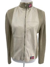 Kalico Ivory Tan Leather Full Zip Jacket Knit Sleeves Mock Neck Usa Womens Large