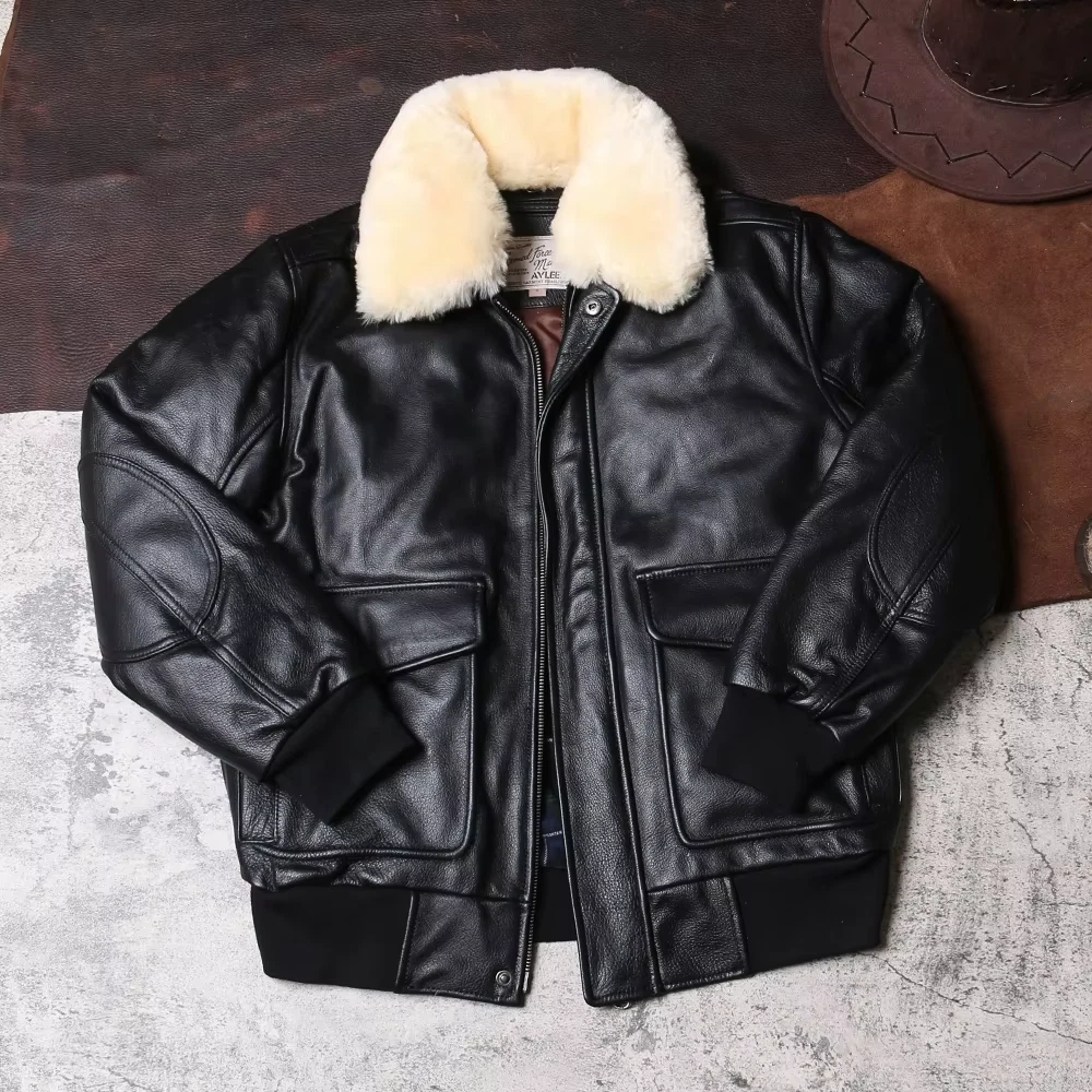 NEW MEN'S G-1 AVIATOR A-2 BOMBER BLACK JACKET NAVY FLIGHT REAL LEATHER JACKET