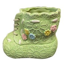 Vintage Baby Bootie Planter Vase Laces Green Japan