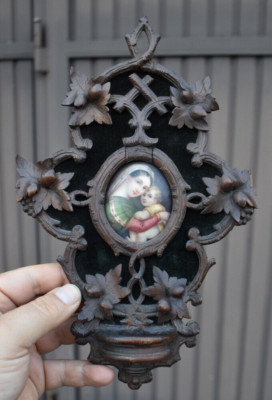 Antique Black forest wood carving holy water font porcelain hand paint madonna