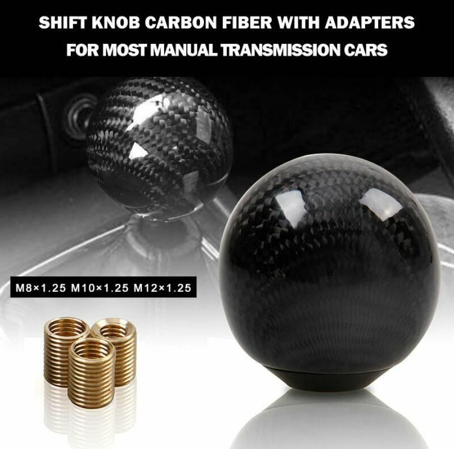 Carbon Fiber Round Ball Black Universal Manual Gear Shift Knob w/ Adapters New Foto 4 de 4