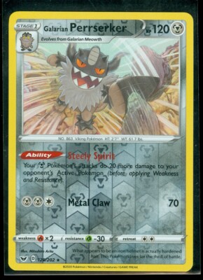 galarian perrserker pokemon card value Pokemon GALARIAN PERRSERKER 128/202 Sword & Shield RARE Rev Holo - - MINT