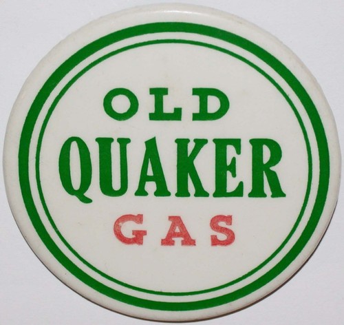 Vintage Pinback Pin OLD QUAKER GAS grün und rot Quaker State n-neuwertig