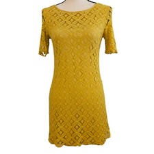 Criss Cross Mustard Yellow Lace Lined Dress, Zipper Back, Small