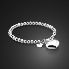 Real 925 Sterling Silver Bead Chain Bracelet with Ball / Heart for Girls Women