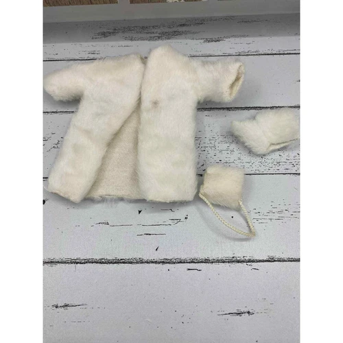 Vintage Handmade Barbie Fur Coat 3 pc Set Head Piece & Hand Warmer Muff