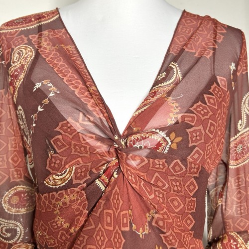 Vintage 90s Y2K Silk Dress 6 Red Brown Paisley Flared Sleeve Boho Fairy Laundry - Picture 7 of 12