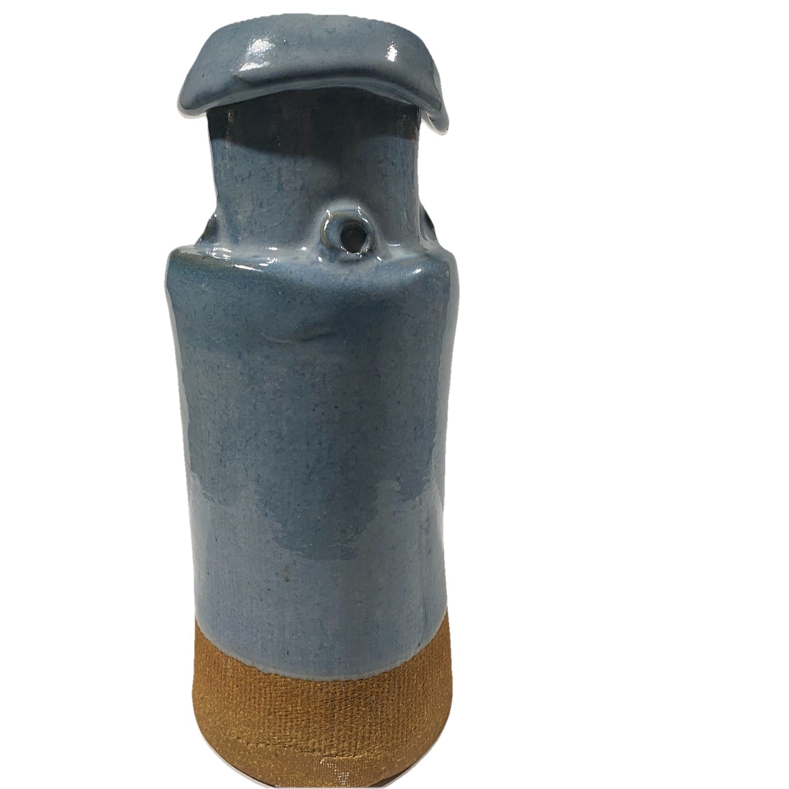 Brutalist Vase Signed Pottery 8” Off Center Blue Minimalist Decor Unique Beach