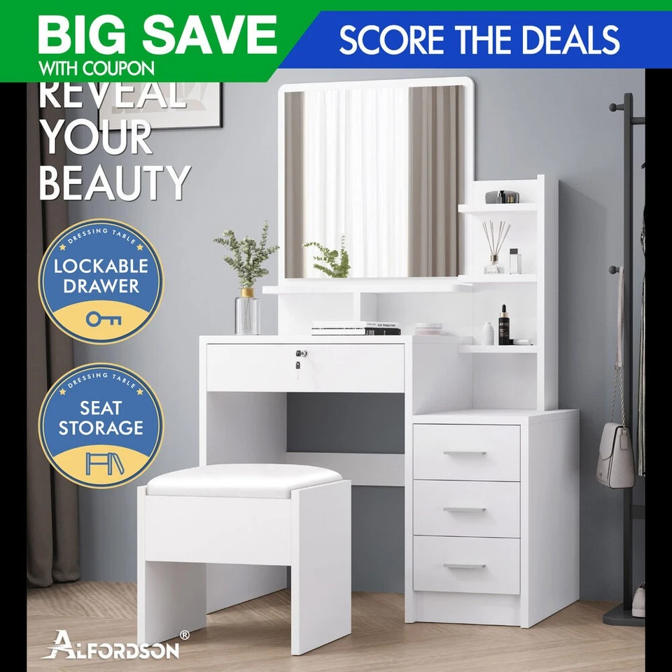 ALFORDSON Dressing Table Stool Set Makeup Mirror Vanity Desk Cabinet White