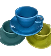 Fiesta Homer Laughlin Lead Free USA Saucer Teacup Cup Set (3) Green Blue 
