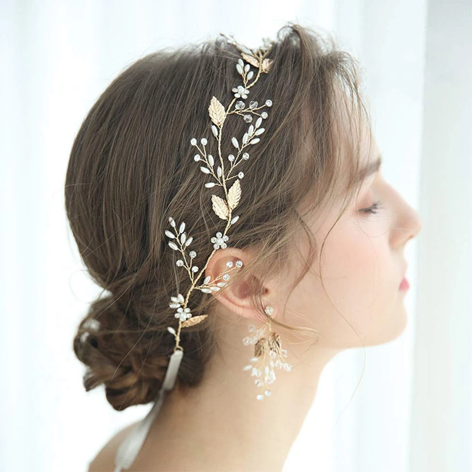 Bridal Hair Vine Crystal and Pearl Headband Gold Leaf Headpiece for Bride Bri... - Image 4 of 4