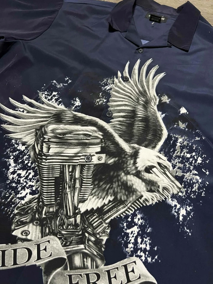 Camisa De Colección Sin Límites Talla XL Azul Águila Motocicleta Paseo Libre Sedosa Abotonada Foto 2 de 4