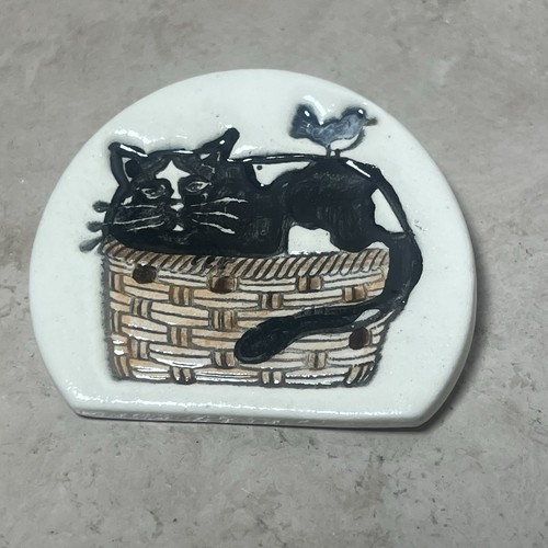 Ceramic Cat & Bluebird In Basket Brooch Pin