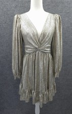 The Post Dress Womens Small Long Puff Sleeve V-Neck Fit & Flare Gold Shimmer