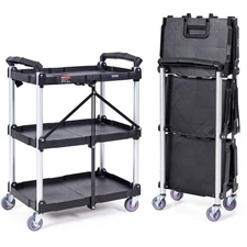 VEVOR Foldable Utility Service Cart, 3 Shelf 165LBS Heavy Duty Plastic Rolling C