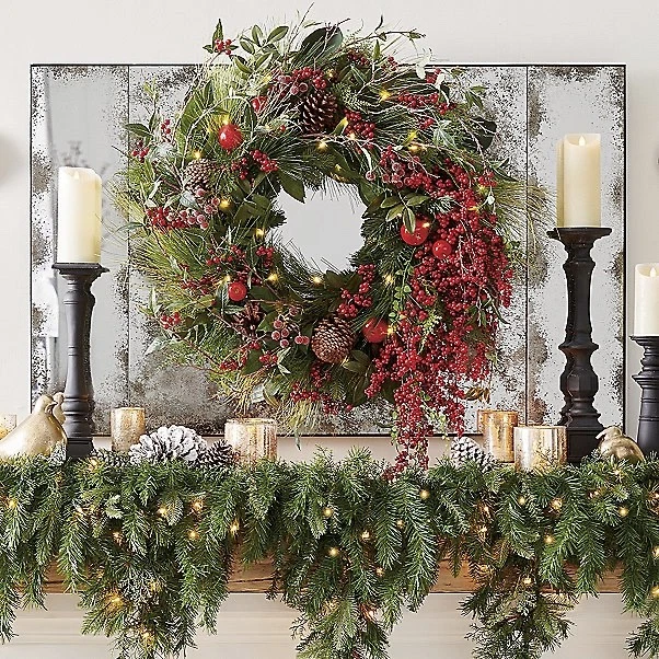 Winter Red Berry 32" Cordless & Holiday Wreath w/50 Warm-White Lights & Greenery - Image 2 of 4