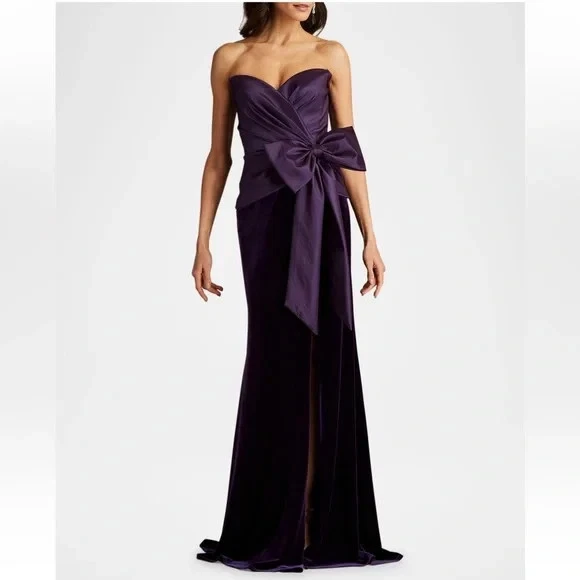 Vestido de veludo Tadashi Shoji roxo sem alças detalhe de laço mídia mista tamanho 10 $458 - Imagem 4 de 4