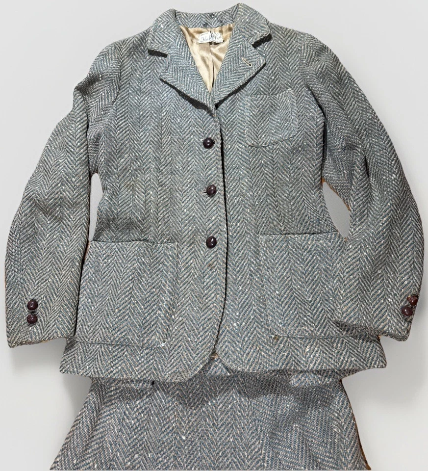 复古 20 世纪 30 年代 New York Flah Co 绿色粗花呢羊毛西装外套和 A 字百褶裙套装 S — 第 2/4 张图片