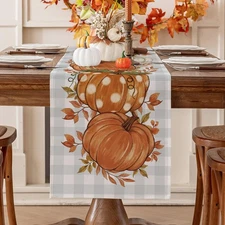 Pumpkin Leaves Fall Table Runner, Buffalo Plaid Autumn Thanksgiving Harvest F...