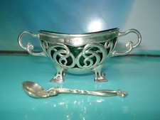 1904 Antique Art Nouveau sterling silver Levi & Salaman salt bowl pinch + spoon