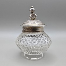Antique Cut Glass Inkwell Bottle with Replacement Silver Tone Lid