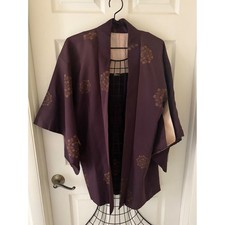 Handmade Plum Purple Kimono Haori Gold Floral Medallion Print OpenFront Boho EUC