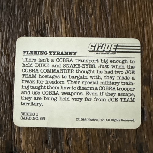 Tarjeta coleccionable Hasbro Fleeing Tyranny #89 de GI Joe 1986 - Imagen 3 de 3