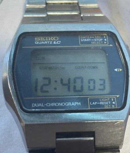 Vintage Dec 1977 Seiko 0138-5009 Silver/blue Dual Chronograph Men's LCD Watch