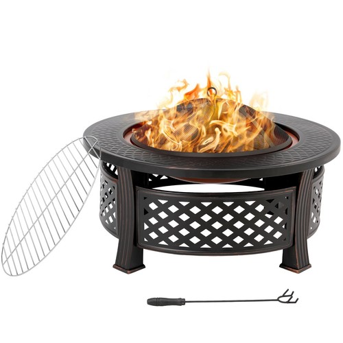 Garten Feuerkorb Runde Feuerschale mit Funkenschutz 80.5cm Grillrost Schürhaken - Bild 6 von 8