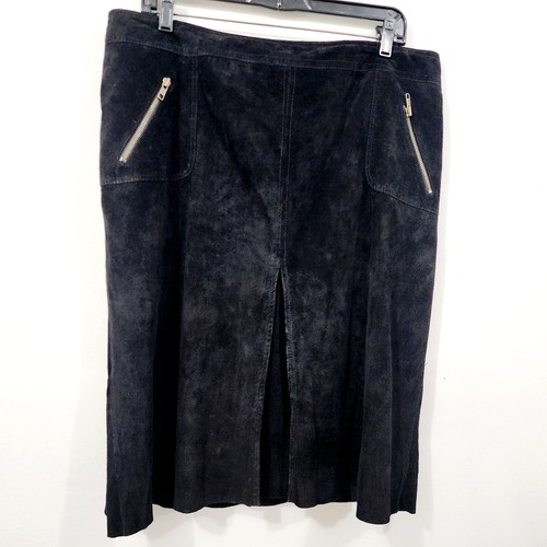 Vintage 90s Context Black Suede Leather Front Pleat Skirt Knee Length Womens 16 - Picture 2 of 12