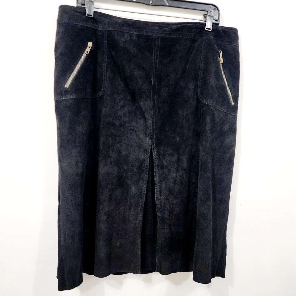 Vintage 90s Context Black Suede Leather Front Pleat Skirt Knee Length Womens 16 - Image 2 of 4