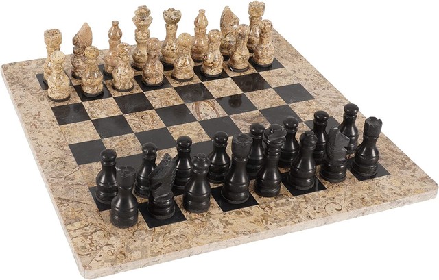 16 Inch Handmade Fossil Coral and Black Marble Full Chess Game Marble Chess Set 16 Inch Handmade Fossil Coral and Black Marble Full Chess Game Marble Chess Set
