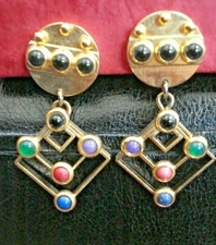 SIGNED G N BUONANNO Gold Plated Drop Dangle Earrings w/ Semi Precious Stones