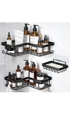 Corner Adhesive Shower Caddy, with Soap Holder and 12 Hooks, Lg Slf 9.5”x 9.5”