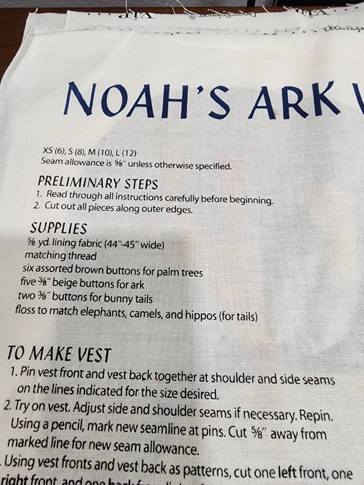 Vest Pattern Printed Material Panel Noah's Ark Sizes XS - L NEW DreamSpinners - Image 4 of 4