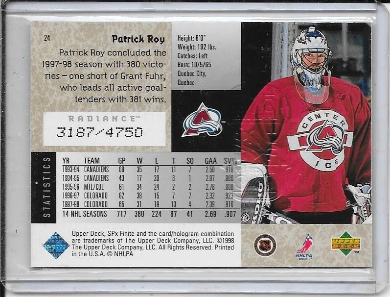 1998-99 SPx Finite Patrick Roy Radiance # 24 #d/4750 - Image 2 of 2