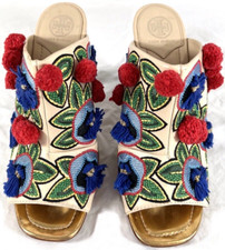 TORY BURCH Beige Leather Ellis Embroidered Pums Made in Brazil Marked as 8M