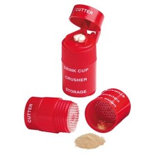 3 Compartment Pill Crusher, Cutter and Grinder Removable Drinking Cup, Red