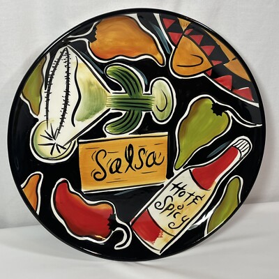 Salsa Clay Art 11  Round Platter Margarita Peppers Hot Sauce Black Multicolor