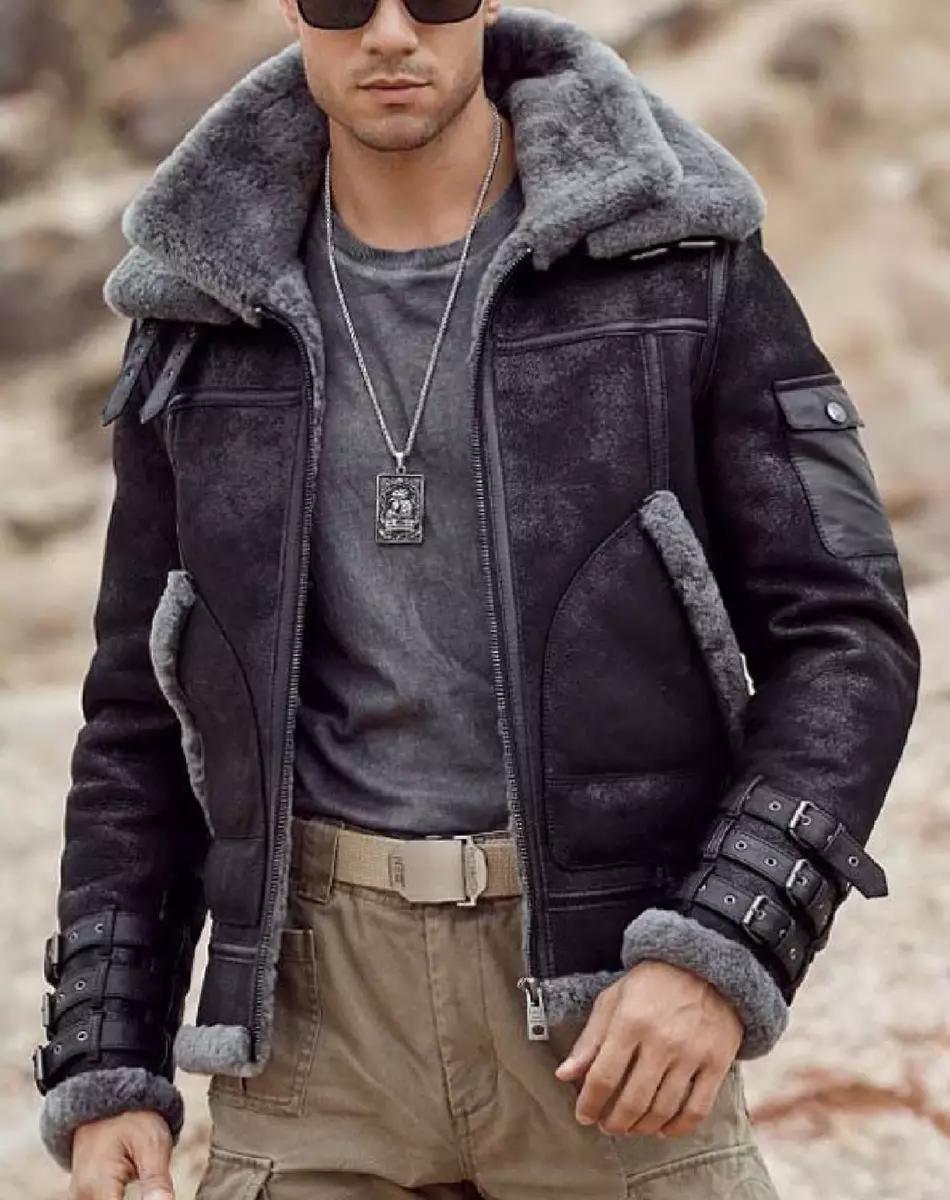 Black shearling leather jacket mens top