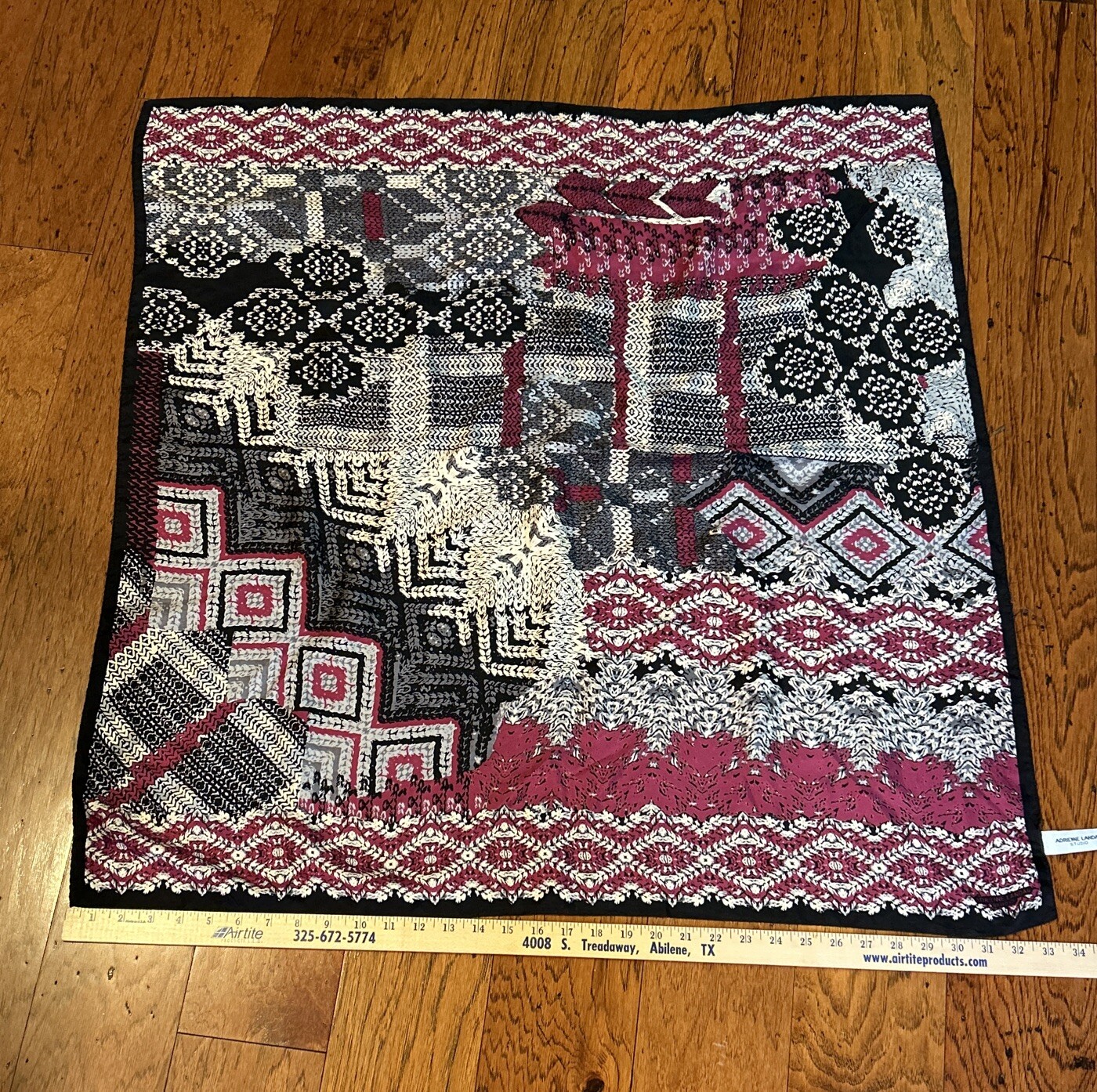 Adrienne Landau Studio 33” Square Luxurious Silk Scarf Black Grey Burgundy