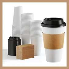 Paper White Cups + Lids + Sleeves Disposable Beverage Coffee Hot Cold Cafe