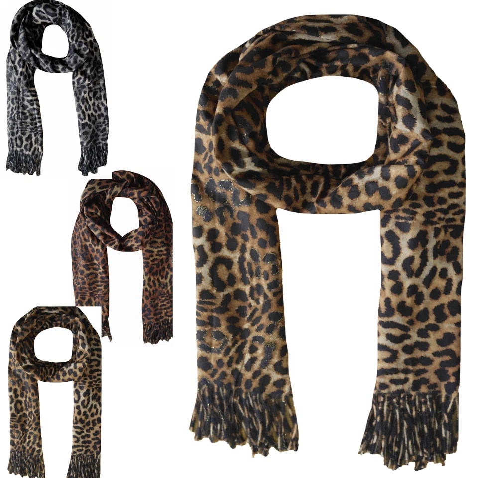 MARKENLOS Leopard Damen Herbst Winter Schal Tuch Weicher 200x70cm Stola 20% Baumwolle 2355
