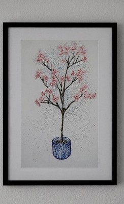 A4 gerahmte Zeichnung eines Pfirsichblütenbaums Gemälde Skizze rosa Blüte Blume