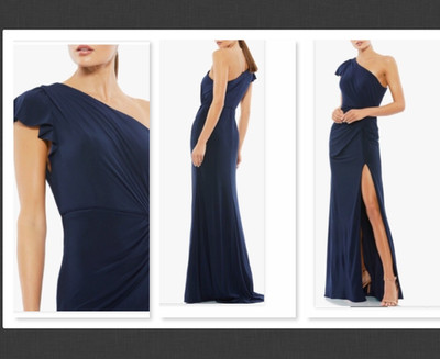 NWT Mac Duggal One-Shoulder Jersey Faux Wrap Gown In Midnight   Size 16   #B758