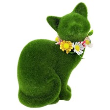 Green Flocked Cat Statue Realistic Faux Resin Garden Ornament Outdoor