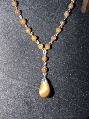 Brown and Yellow stone bead necklace w/tiger's eye teardrop pendant y-drop style