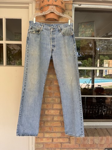 Vtg Levis 501 Blue Denim Jeans W 34 - 35 L 34 Button Fly Red Tab Y2k Grunge 2005 - Picture 4 of 23