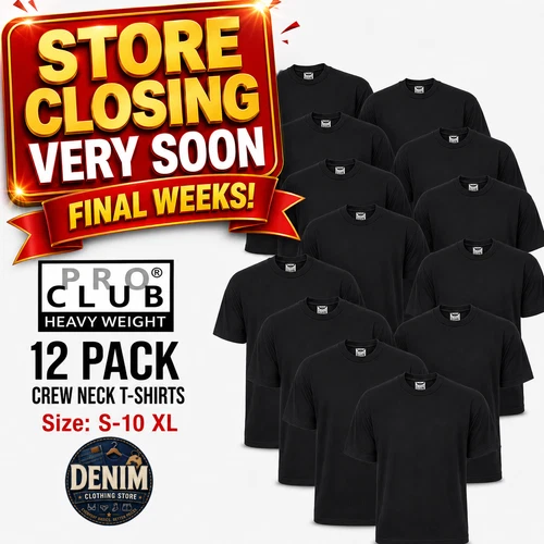 12 Pack Pro Club Men’s Heavyweight 100% Cotton Black Crew Neck T Shirts Tee
